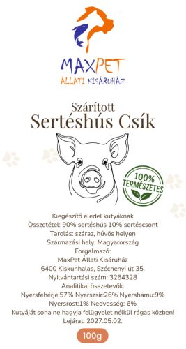 MaxPet prémium jutalomfalat kutyáknak - szárított sertéshús csík 100g