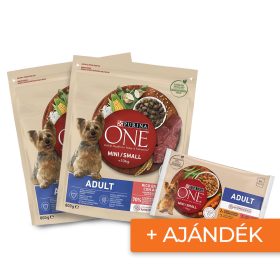   Purina ONE Mini Adult kutyaeledel csomag kistestű kutyáknak – száraz 2×800 g (marha) + ajándék nedves 4×85 g (csirke, marha)