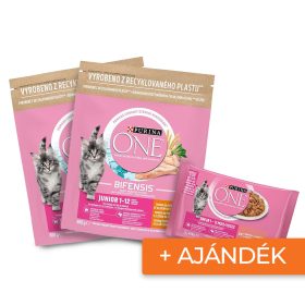   Purina ONE Junior száraz és nedves macskaeledel csomag – kölyökmacskáknak 2×800 g csirkés + ajándék 4×85 g lazac & sárgarépa