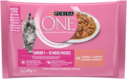 Purina ONE Junior száraz és nedves macskaeledel csomag – kölyökmacskáknak 2×800 g csirkés + ajándék 4×85 g lazac & sárgarépa